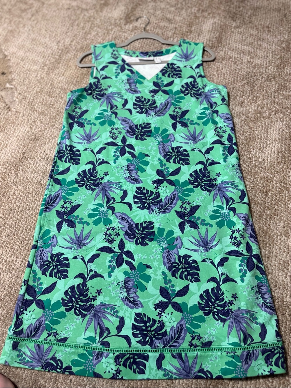 Denim&Co Green and Navy Tropical-Print Midi Dress
